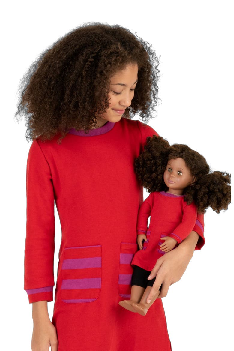 Girls Sweatshirt Dress with Matching Doll Dress, Alternate, color, RED