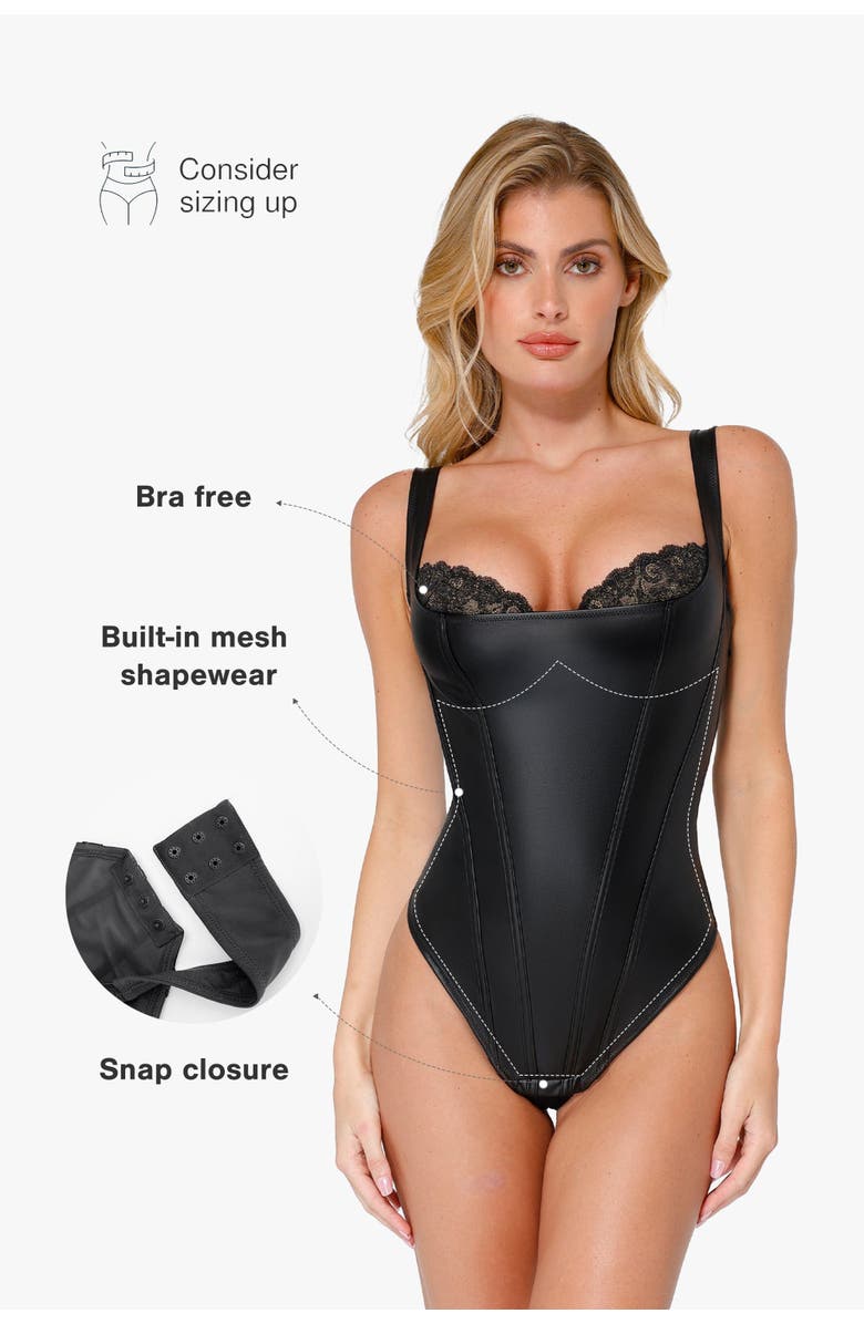 Popilush Valentine's Day Shapewear Faux Leather Lace Balconette Sculpting Bodysuit, Alternate, color,