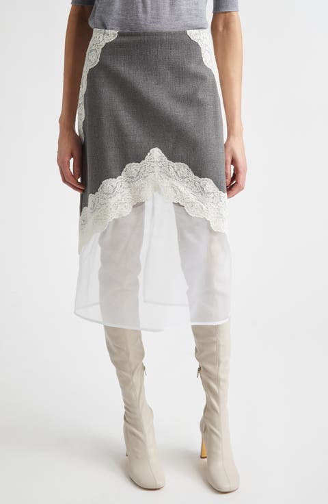 Lace Trim Wool Canvas & Organza Skirt