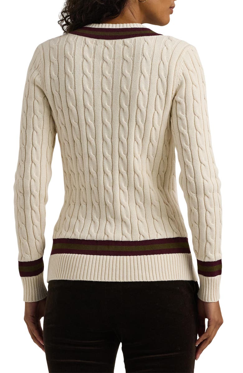 Lauren Ralph Lauren Gassed V-Neck Cable Stitch Sweater, Alternate, color, Cream/Pinot Noir/Botanic Green