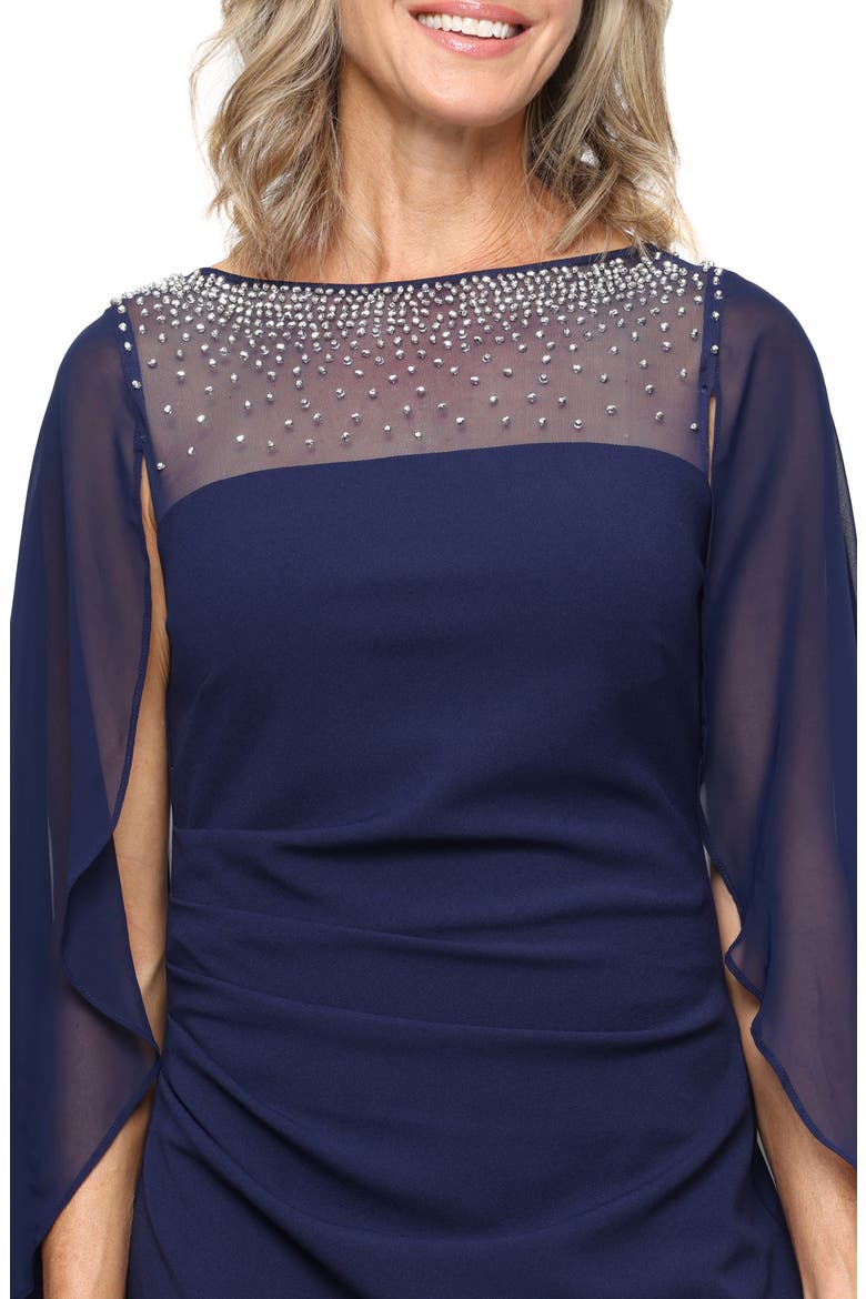 Stretch Crepe & Chiffon Cape Gown, Alternate, color, NAVY