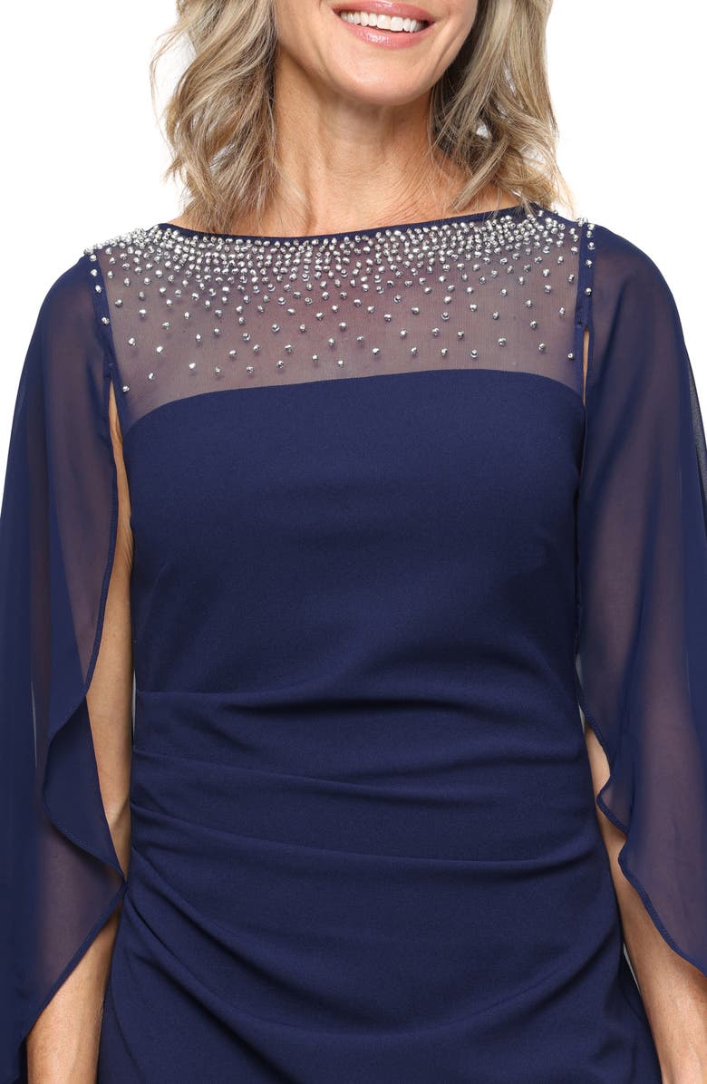 Alex Evenings Stretch Crepe & Chiffon Cape Gown, Alternate, color, Navy