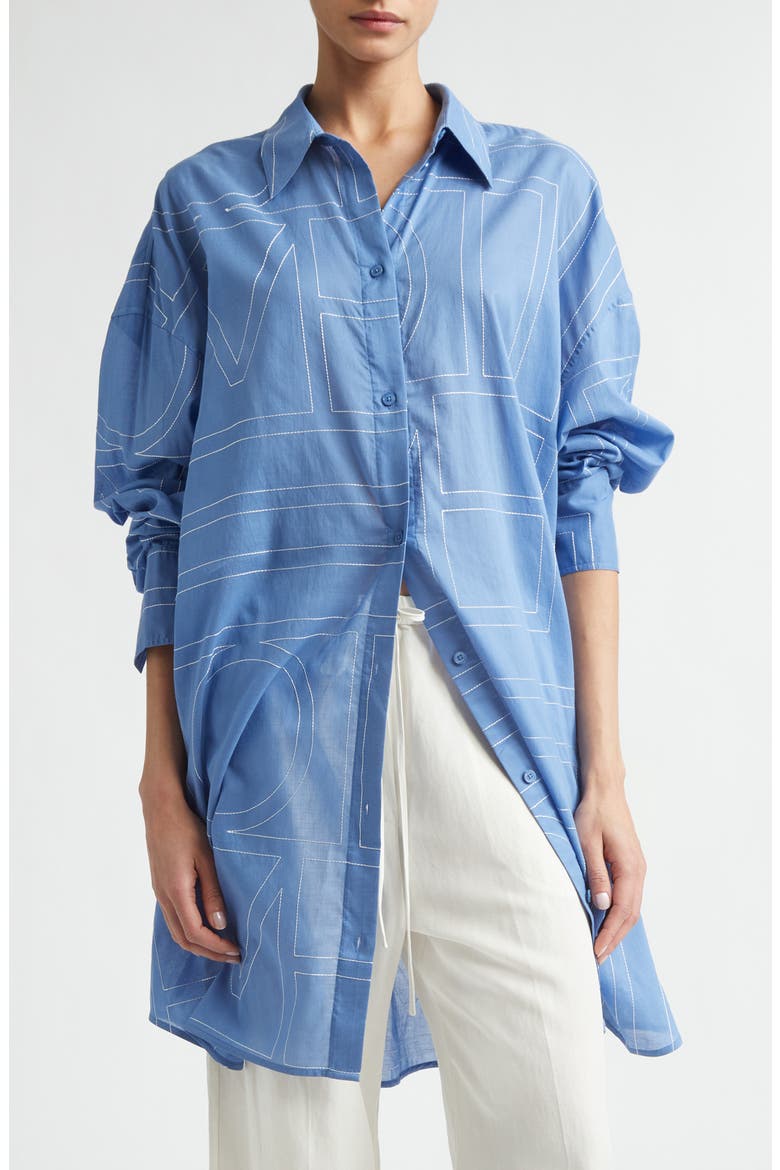 Embroidered Oversize Long Sleeve Cotton & Lyocell Voile Shirtdress, Main, color, COBALT