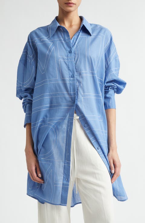 Embroidered Oversize Long Sleeve Cotton & Lyocell Voile Shirtdress