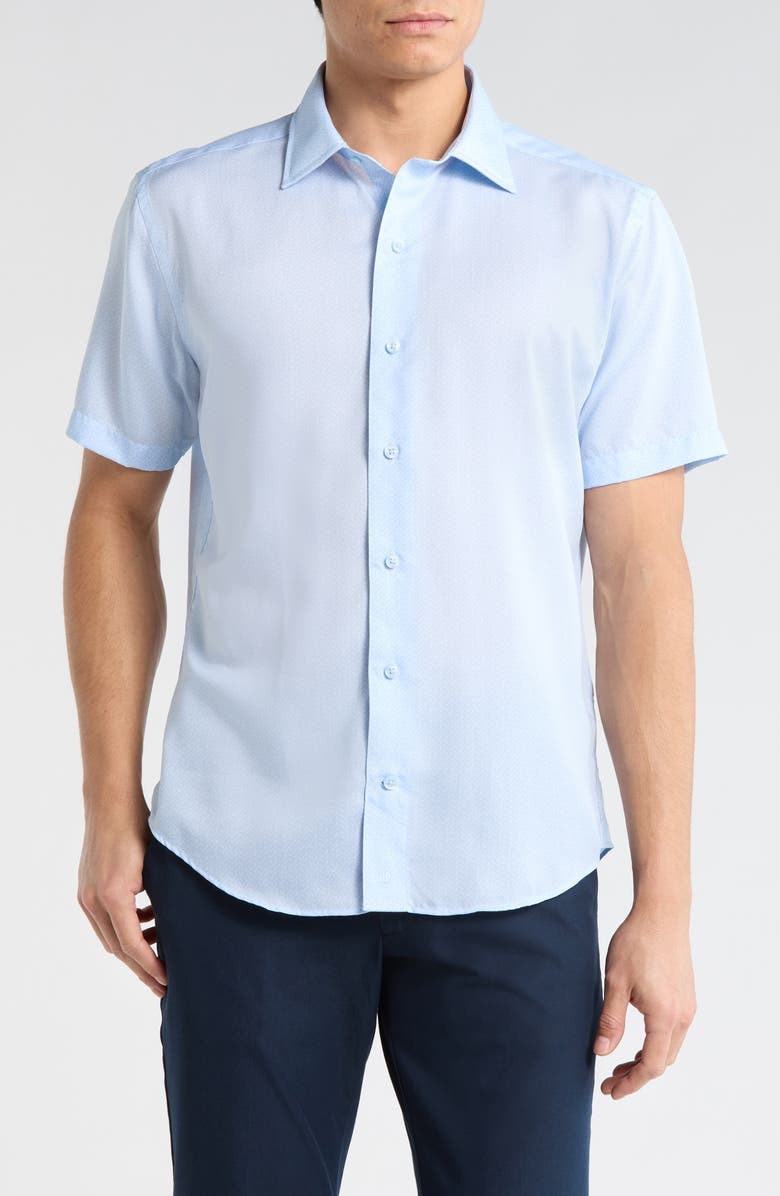 David Donahue Micro Floral Print Short Sleeve Shirt, Main, color, Sky/ White