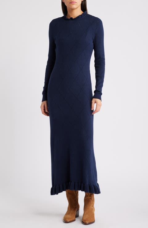 Pointelle Long Sleeve Cotton Blend Sweater Dress