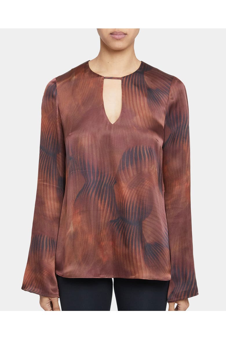 Noa Long Sleeve Keyhole Silk Blouse in Abstract Printed Silk Blend, Main, color, HICKORY BROWN