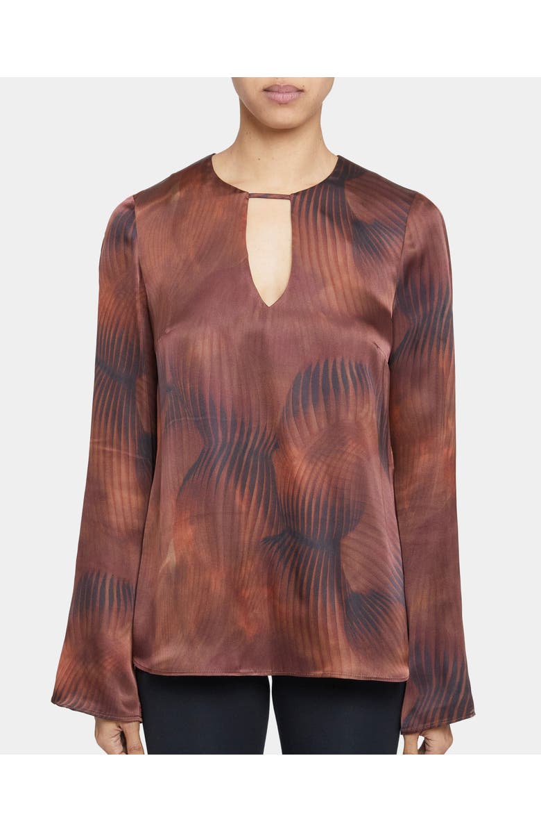 Santorelli Noa Long Sleeve Keyhole Silk Blouse in Abstract Printed Silk Blend, Main, color, Hickory Brown