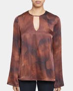 Santorelli Noa Long Sleeve Keyhole Silk Blouse in Abstract Printed Silk Blend