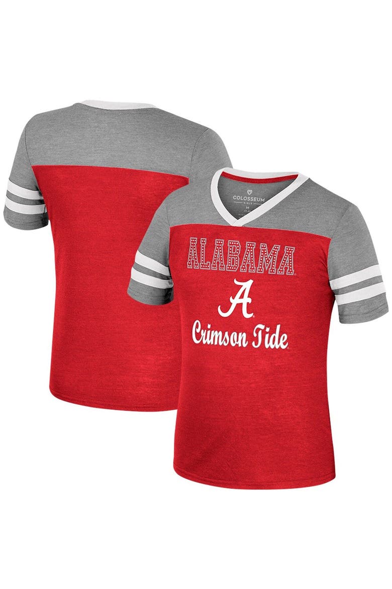 Girls Youth Colosseum Crimson/Heather Gray Alabama Crimson Tide Summer Striped V-Neck T-Shirt, Main, color, Crimson
