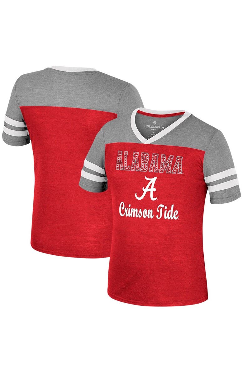 COLOSSEUM Girls Youth Colosseum Crimson/Heather Gray Alabama Crimson Tide Summer Striped V-Neck T-Shirt, Main, color,