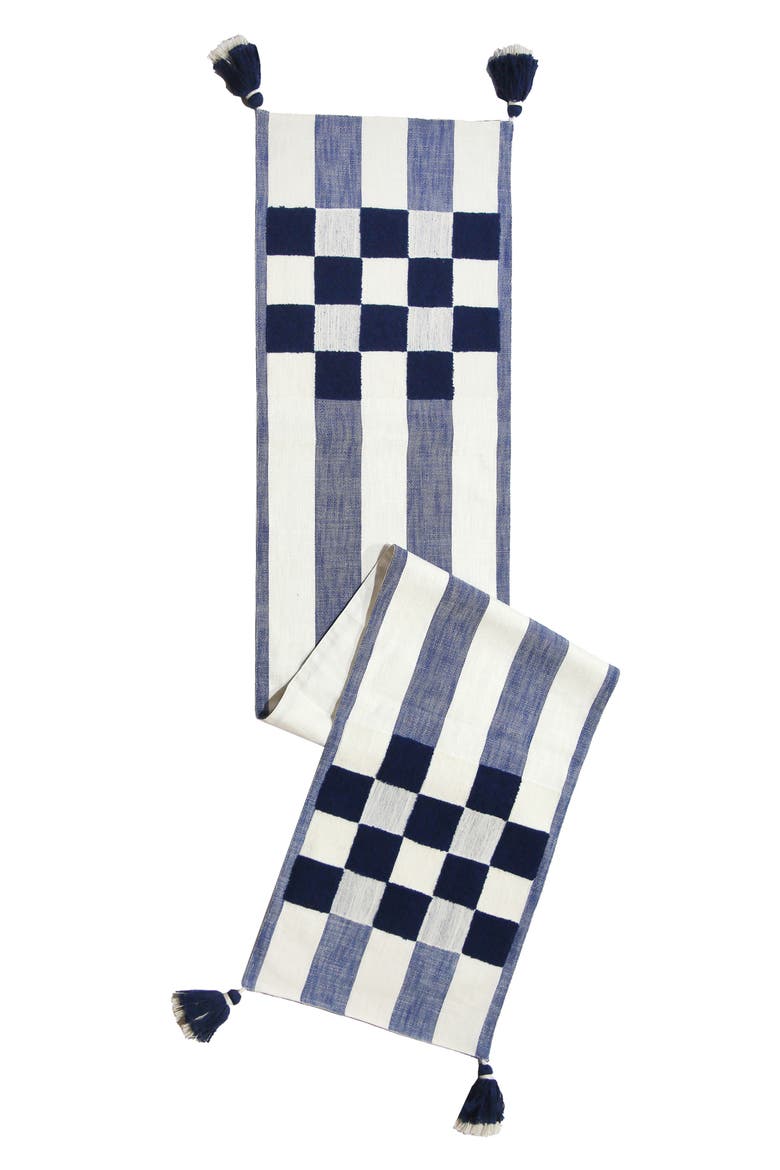 Indigo Checks & Stripes Table Runner, Main, color, INDIGO