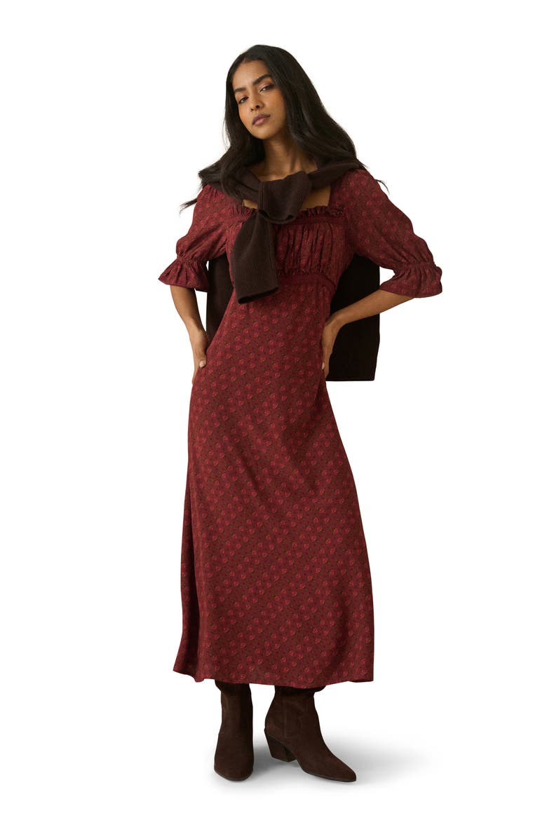 Winslet Bell Sleeve Midi Dress, Alternate, color, DARK RED