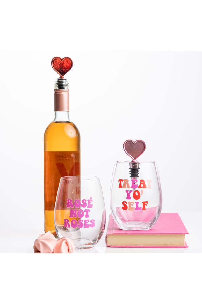 Treat Yo Self Wine Glass w/ Stopper Set of 2 Glass Clear 18 oz, Alternate, color, Clear