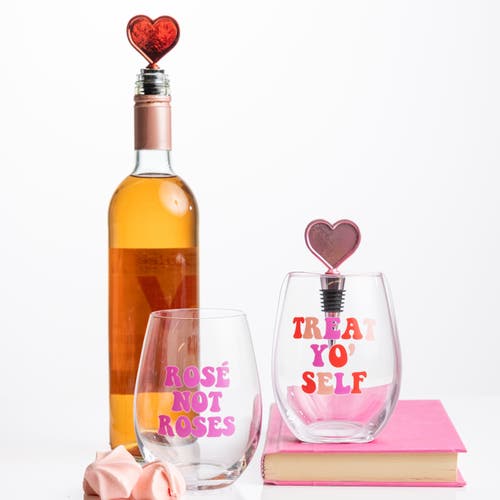 Totalee Gift Treat Yo Self Wine Glass W/ Stopper Set Of 2 Glass Clear 18 oz In Multi