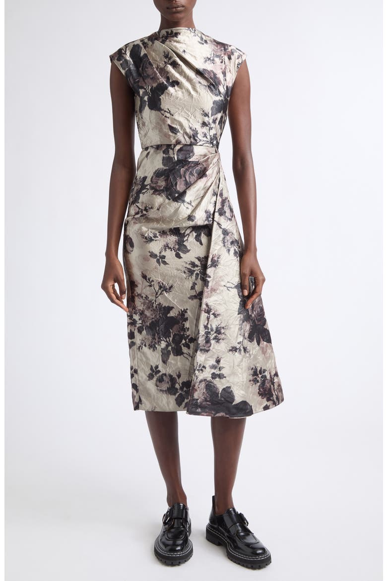 Floral Draped Textured Satin Midi Dress, Main, color, FONTEYN ROSE PEARL