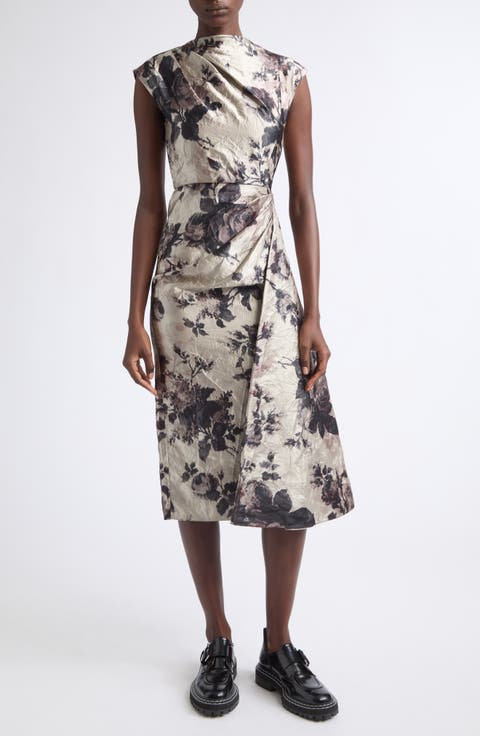 Floral Draped Textured Satin Midi Dress
