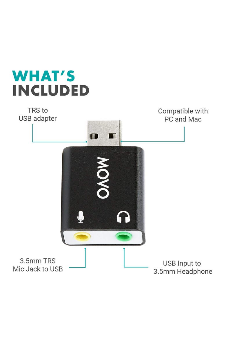 MOVO USB-AC 3.5mm TRS Microphone to USB 2.0 Stereo Audio External Sound Card Adapter for PC and Mac, Alternate, color, Black