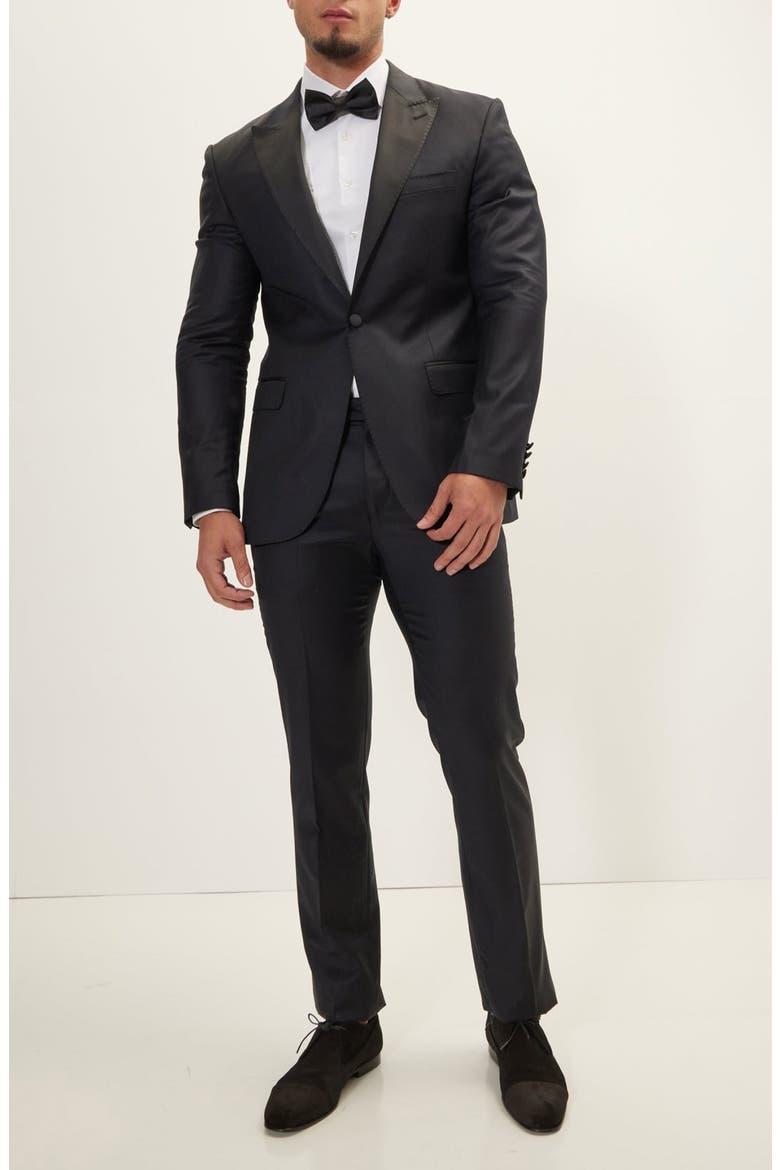Trim Fit Peak Lapel Wool & Silk Tuxedo, Alternate, color, BLACK