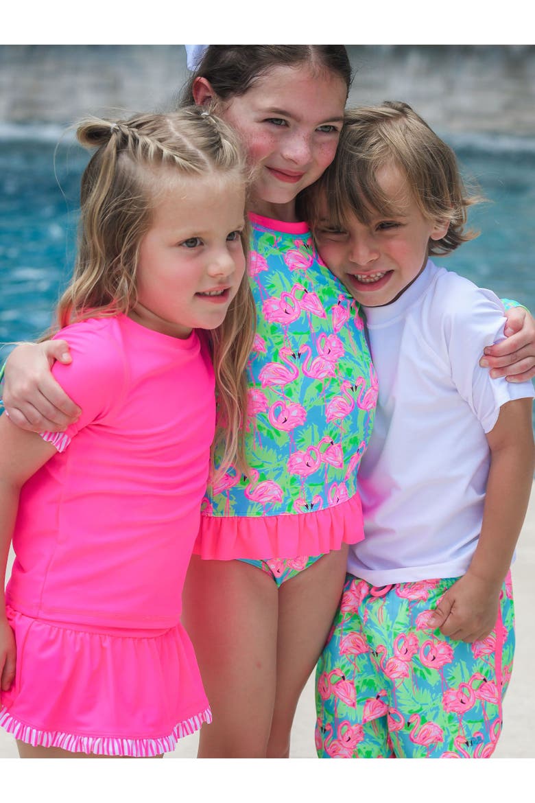 Boys UPF50+ Sun Protected Dolphin Hem Swim Trunks, Alternate, color, Neon Flamingo Fun
