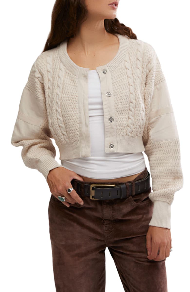 Free People Mixed Media Cotton Blend Cable Cardigan, Main, color, 