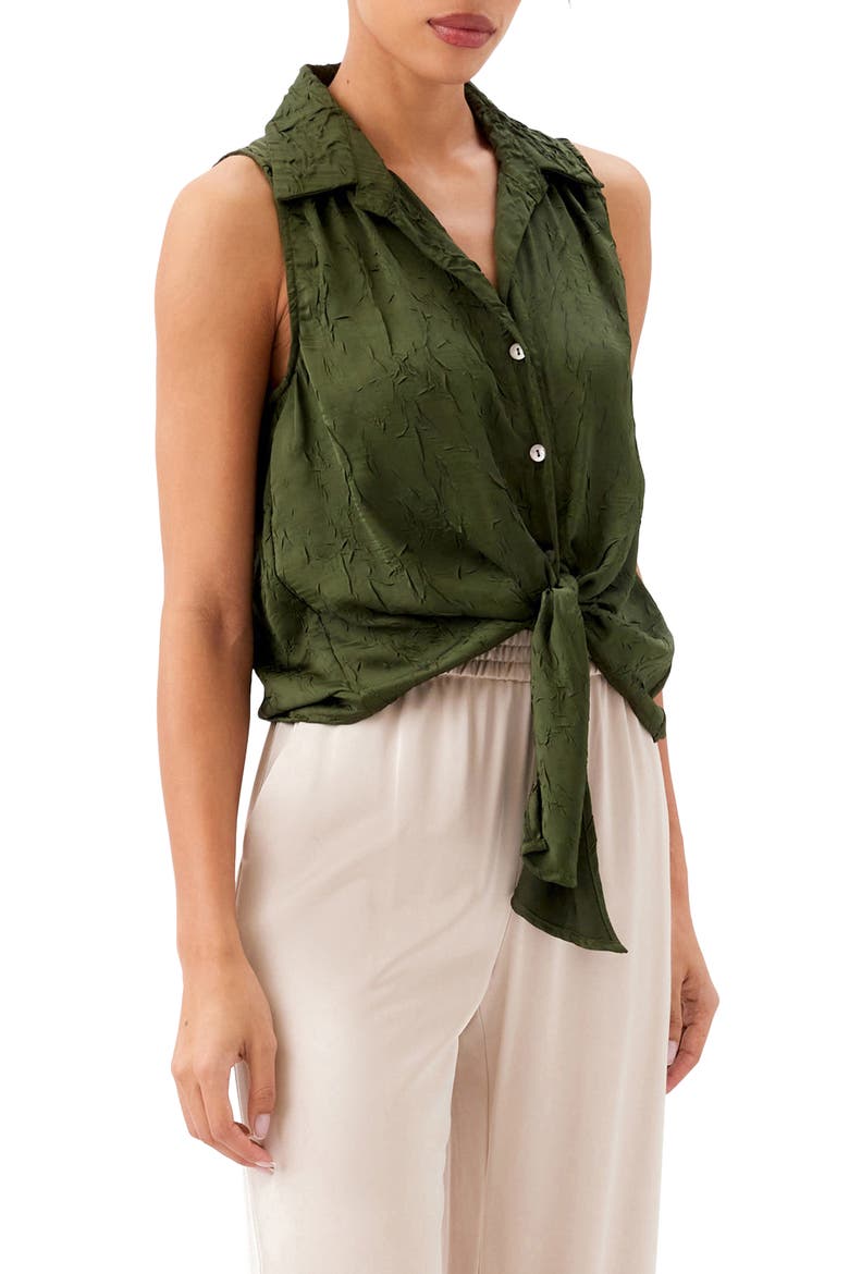 Sleeveless Tie Front Crushed Satin Top, Alternate, color, OLIVE