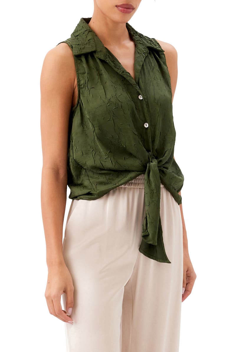 Karen Kane Sleeveless Tie Front Crushed Satin Top, Alternate, color, Olive