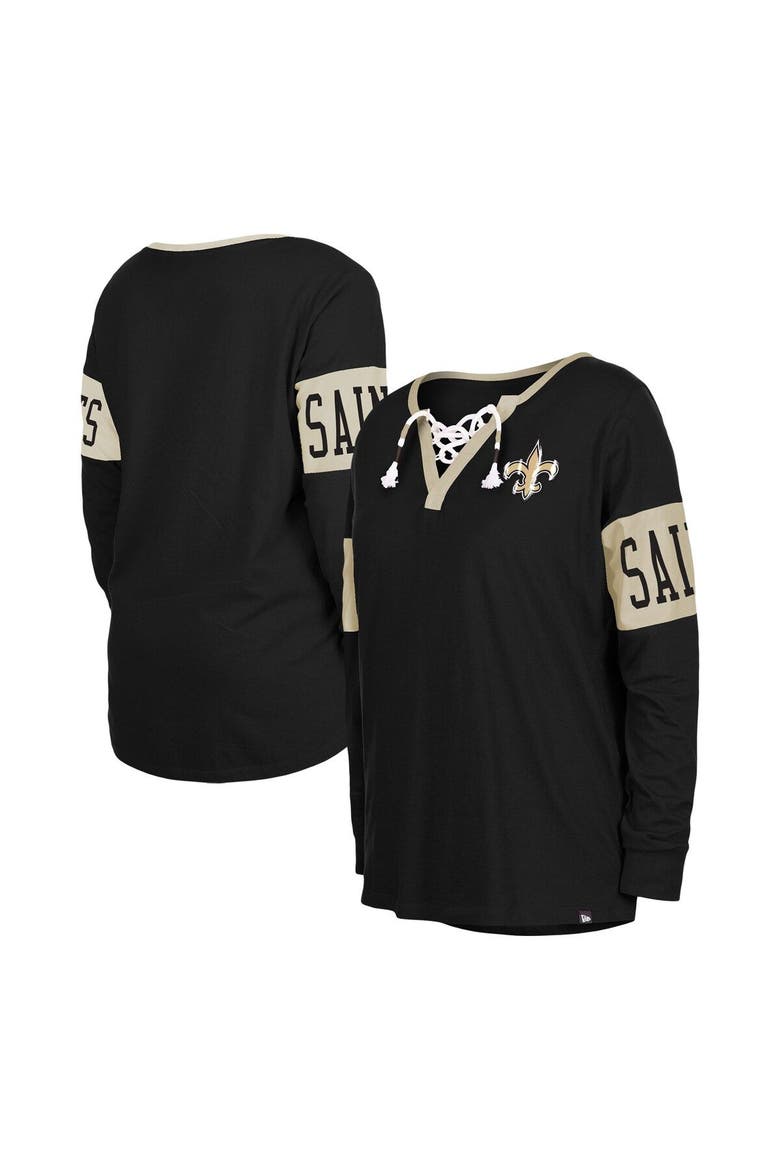 Women's New Era Black New Orleans Saints Lace-Up Notch Neck Long Sleeve T-Shirt, Main, color, Black