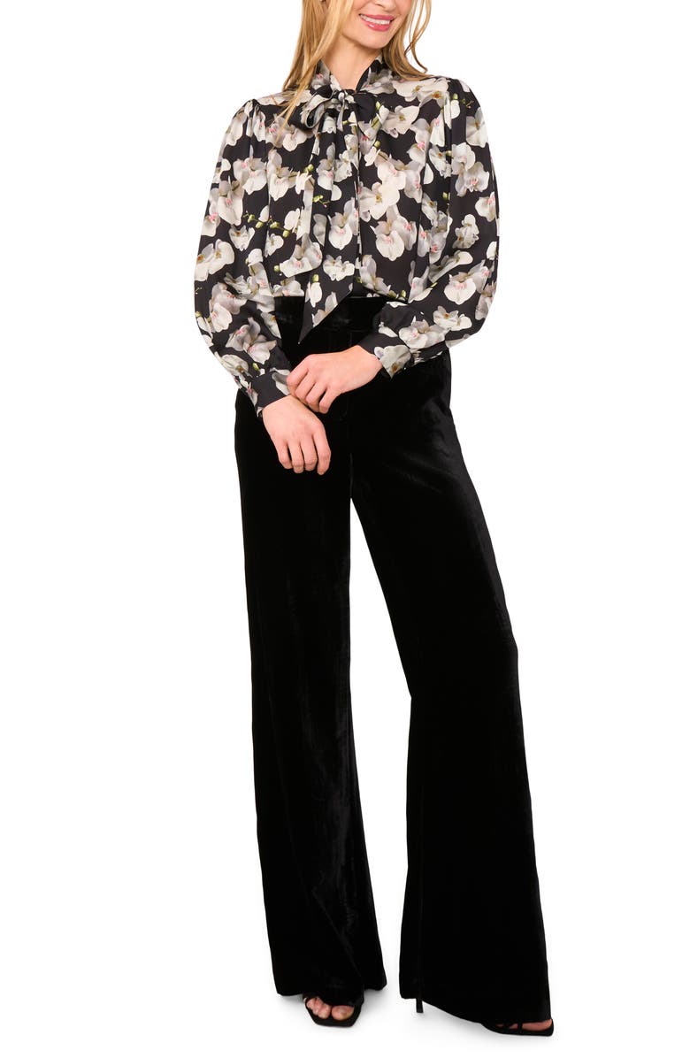 Ted Baker Floral Tie Neck Button-Up Shirt, Alternate, color, Rich Black