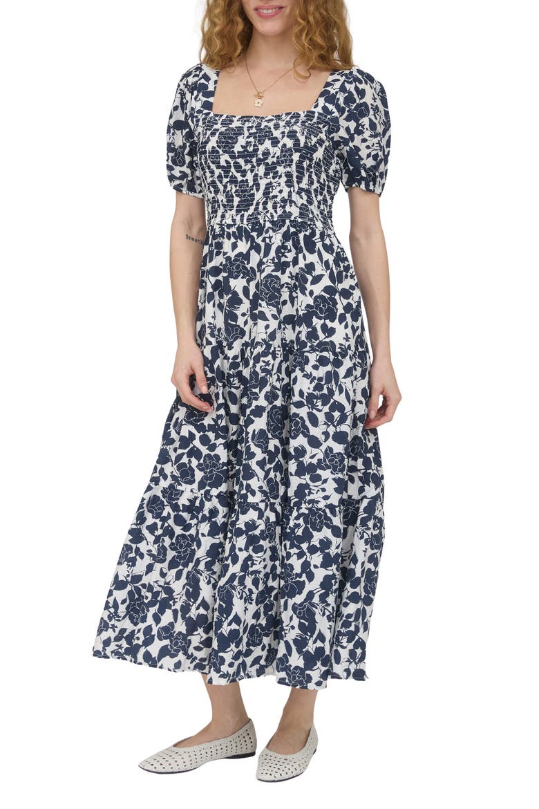 Puff Sleeve Smocked Midi Dress, Main, color, NAVY MULTI
