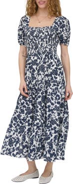 AUGUST SKY Puff Sleeve Smocked Midi Dress