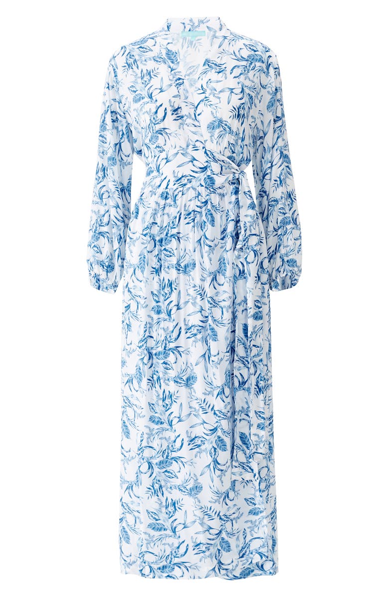 Melissa Odabash Rachel Long Sleeve Cover-Up Faux Wrap Dress, Alternate, color, Blue Leaf