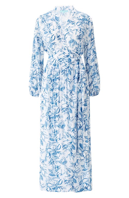 Shop Melissa Odabash Rachel Long Sleeve Cover-up Faux Wrap Dress In Blue Leaf