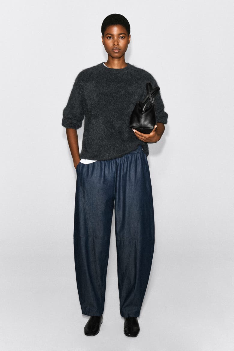 Elasticated Barrel-Leg Denim Pants, Main, color, DARK BLUE