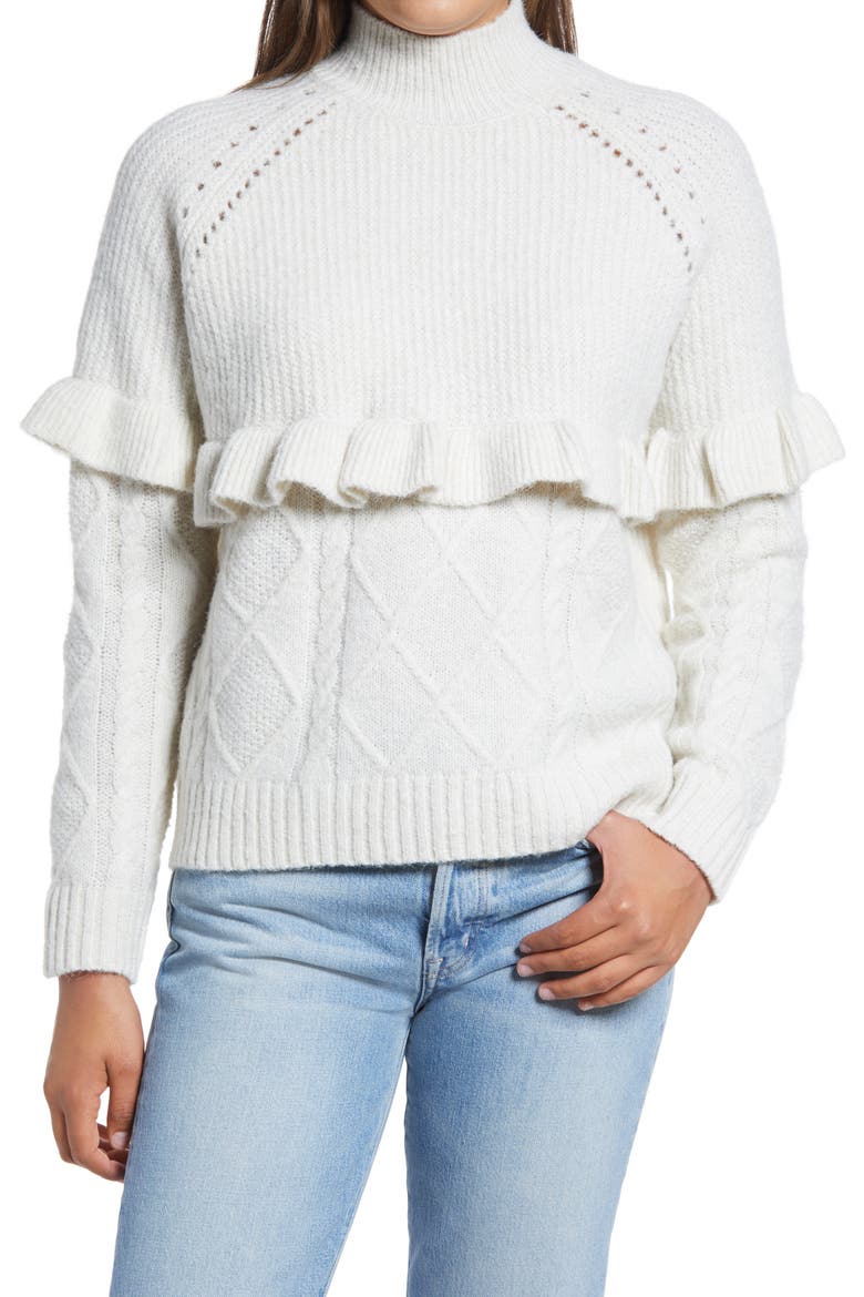 Mock Neck Pointelle Knit & Ruffle Trim Sweater, Main, color, BIRCH