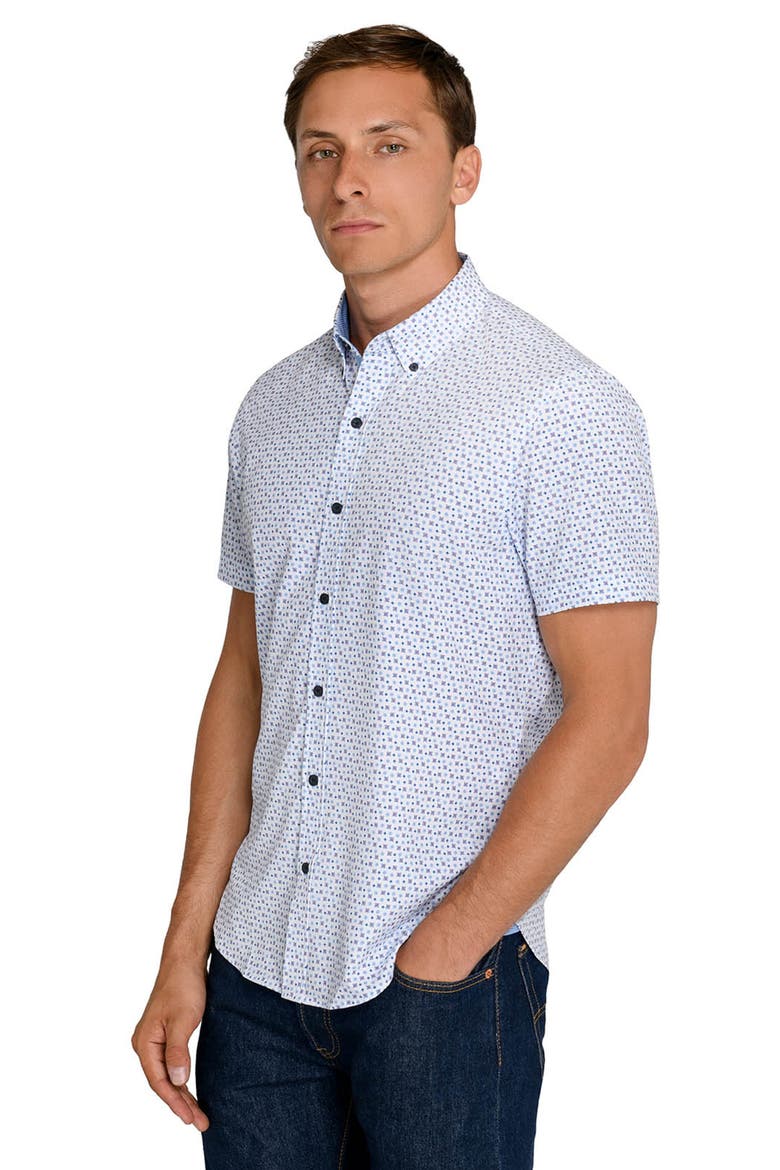 Atomic Geo Short Sleeve Stretch Button-Down Shirt, Alternate, color, WHITE/ BLUE