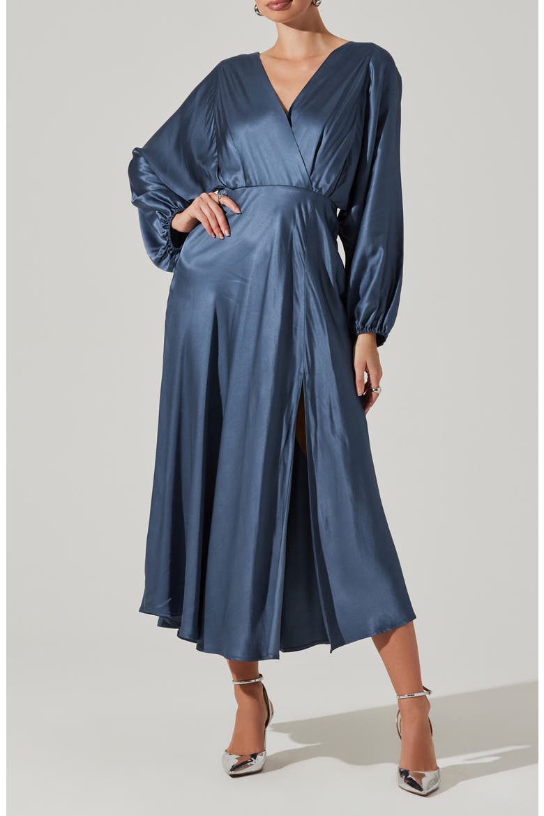 Kimiko Long Sleeve Faux Wrap Dress, Main, color, SLATE BLUE