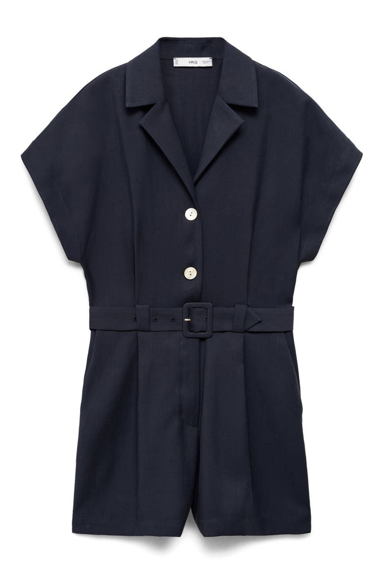 Notched Collar Short Sleeve Belted Romper, Alternate, color, DARK NAVY