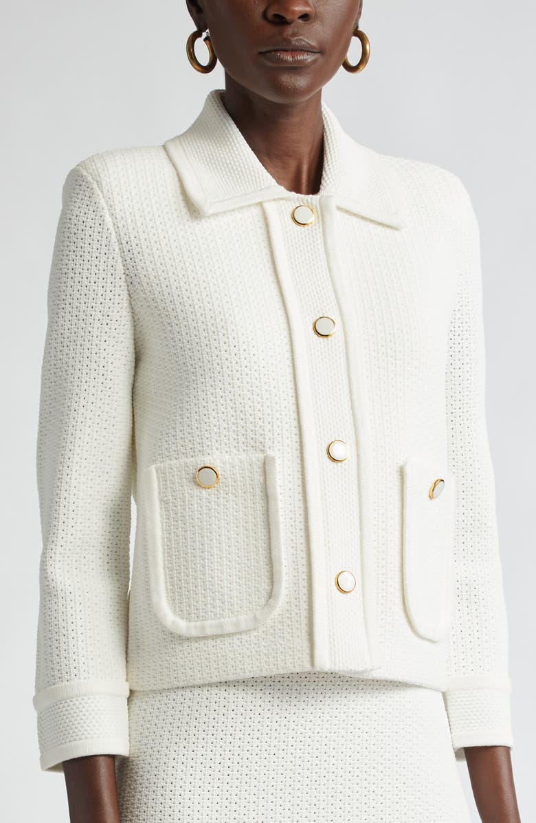 ST. JOHN Mixed Texture Knit Crop Jacket, Alternate, color, Pearl