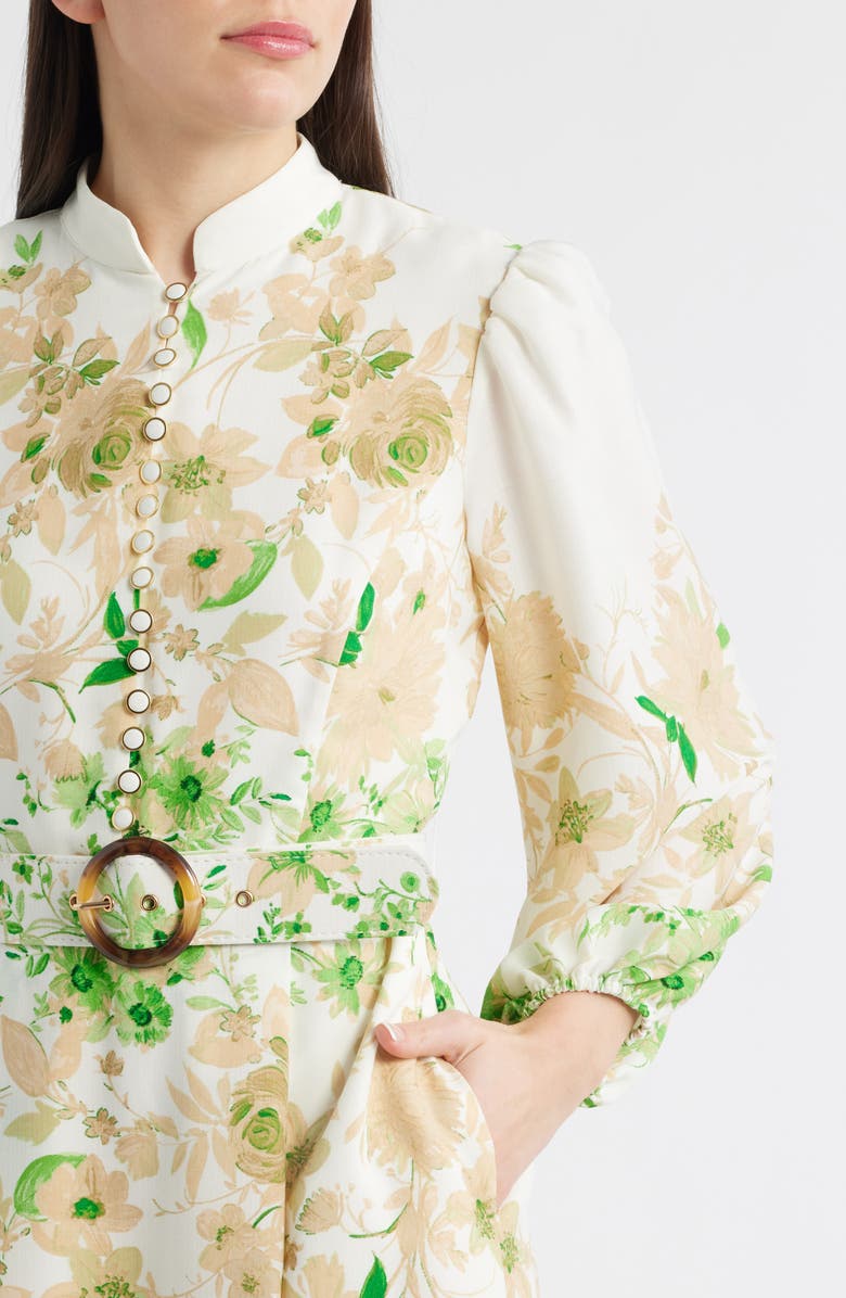 Tahari ASL Border Print Belted Long Sleeve Dress, Alternate, color, Ivory Fern