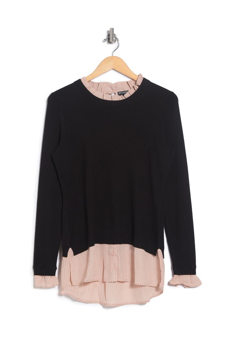 Adrianna Papell Polka Dot Ruffle Neck Twofer Sweater, Alternate, color, 