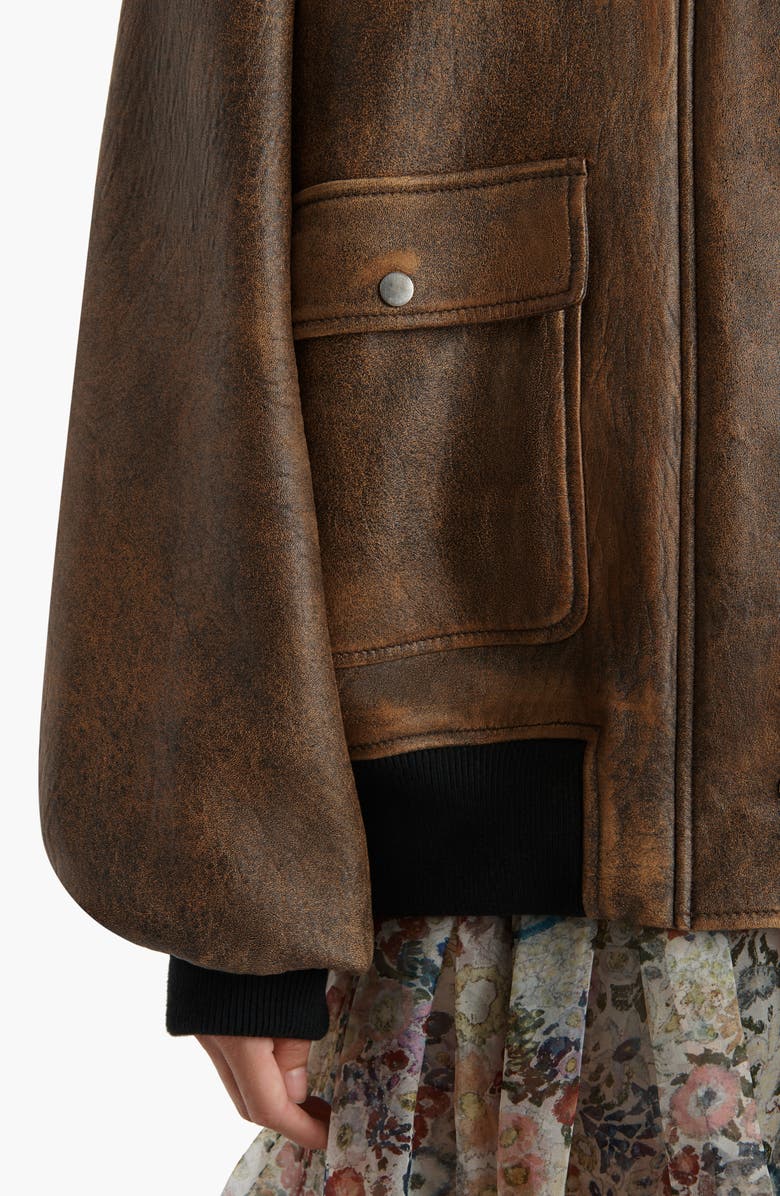 Khaite Sandor Distressed Leather Bomber Jacket, Alternate, color, Dark Brown