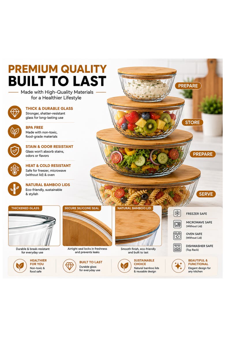 4-Piece Diamond Textured Mixing Bowl Set with Bamboo Lids, Alternate, color, NO COLOR