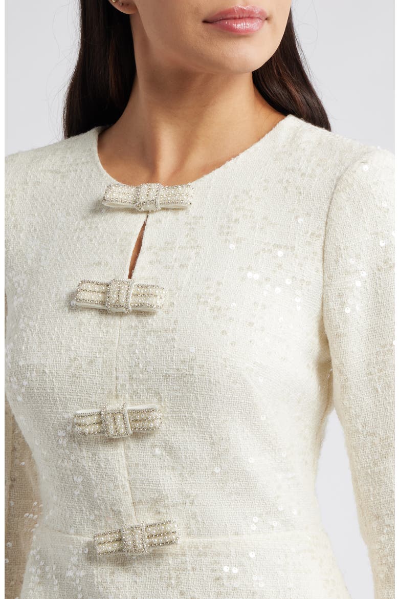 Bow Detail Sequin Tweed Sheath Dress, Alternate, color, IVORY