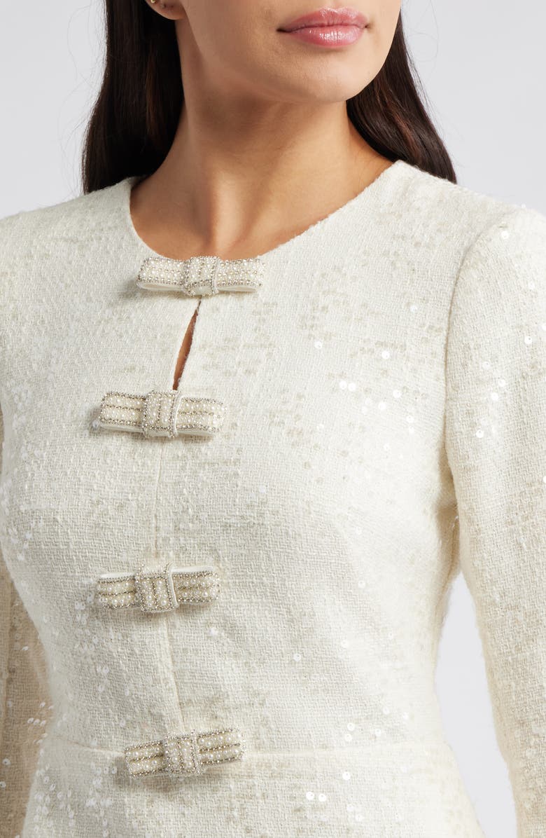 Eliza J Bow Detail Sequin Tweed Sheath Dress, Alternate, color, Ivory