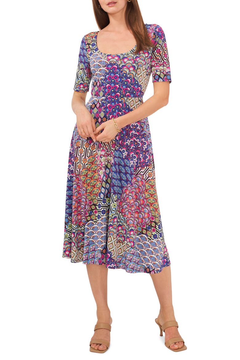 Mixed Print A-Line Midi Dress, Main, color, COBALT