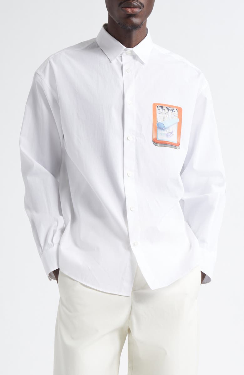 Jacquemus La Chemise Simon Sardine Graphic Button-Up Shirt, Main, color, Boite Sardines Orange