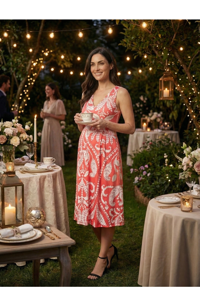 24seven Comfort Apparel Maternity Paisley V-Neck Sleeveless Pleated Pocket Midi Fit N Flare Dress, Alternate, color, Red Multi