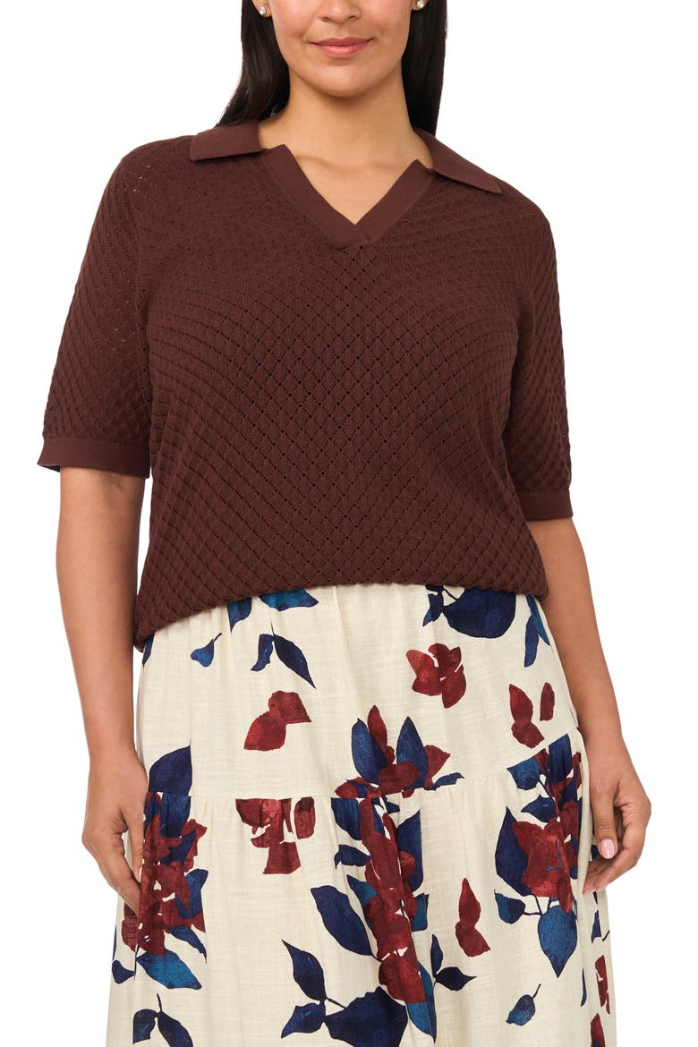 Pointelle Polo Sweater, Main, color, CHOCOLATE FUDGE