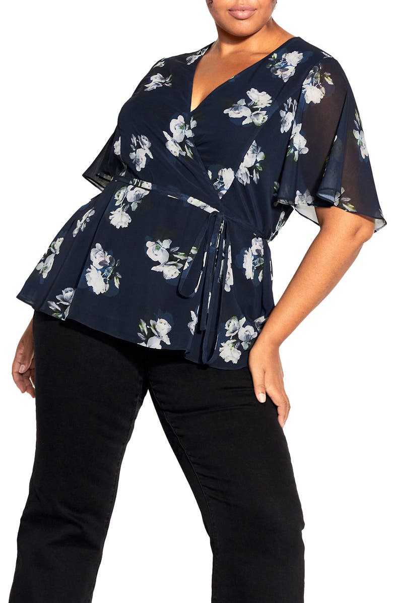 City Chic Carmen Floral Faux Wrap Top, Main, color,